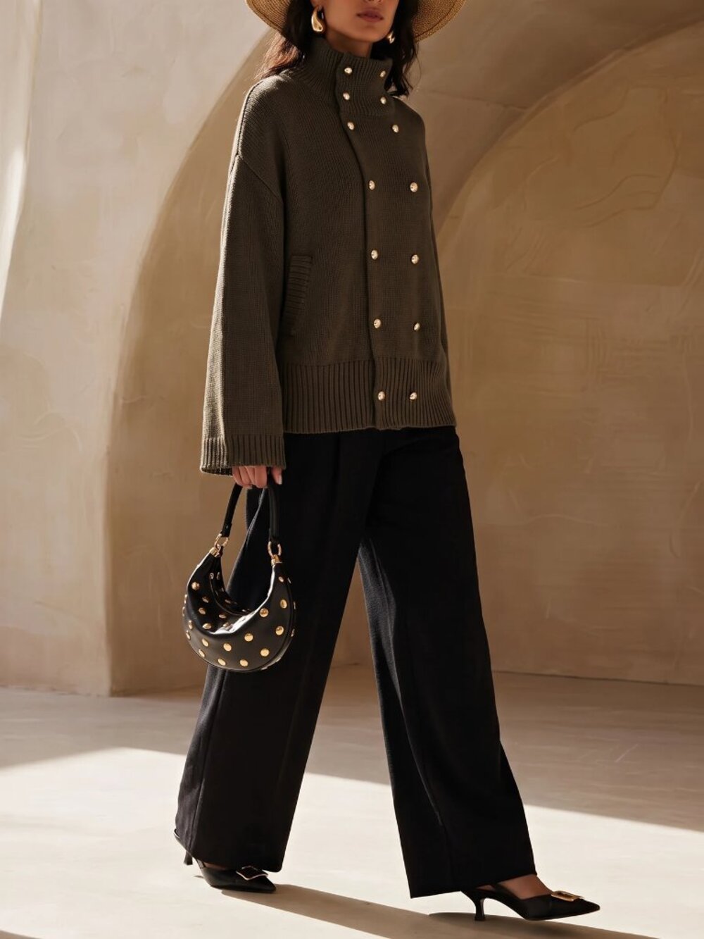 Army Green Casual Women's Double Button Rib-Knit Bell Sleeve Jacket